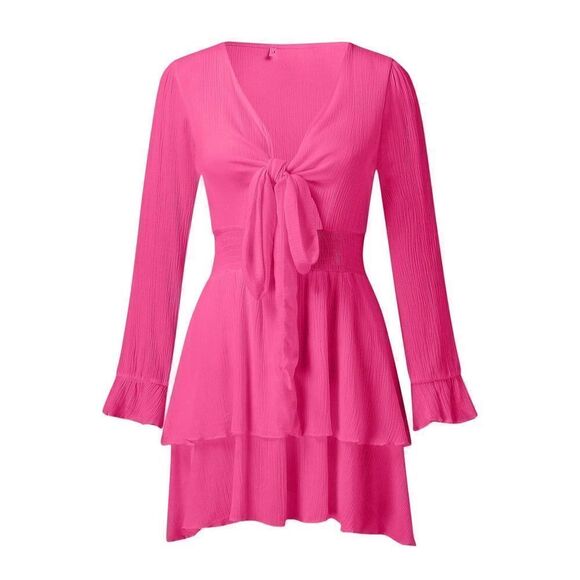 NEW Front Tie Knot Pink Ruffled Mini Dress Barbie core L - Picture 1 of 5